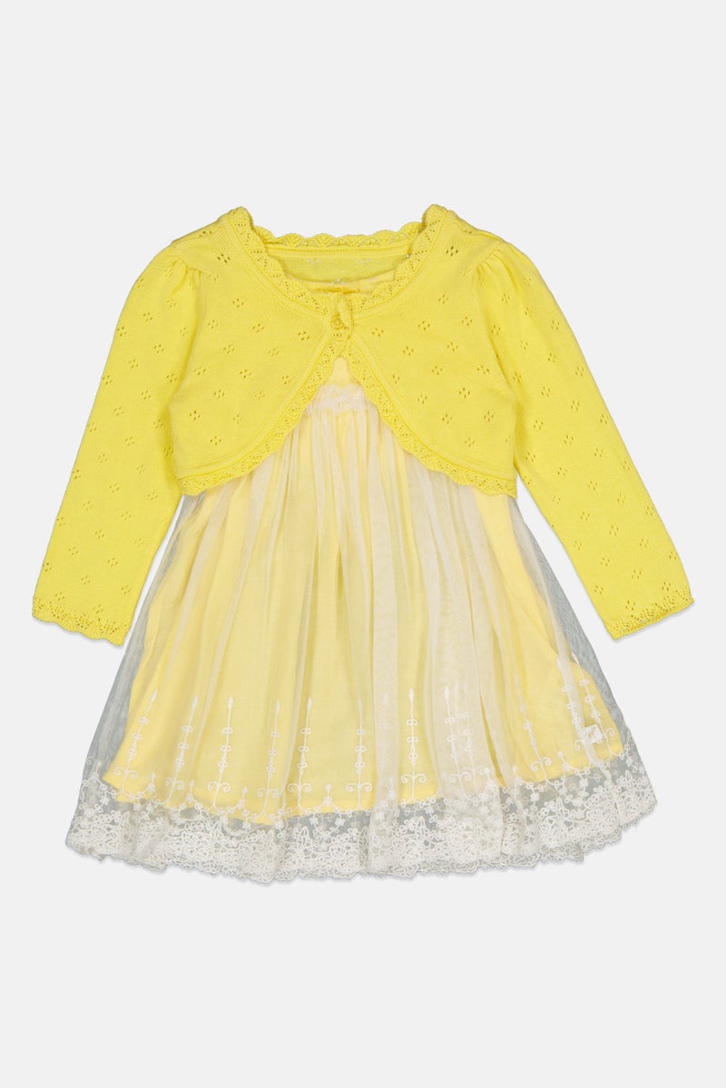 Hamleys Kids Girl 2 Pcs Pleated Dress With Cardigan, Yellow - Image 1